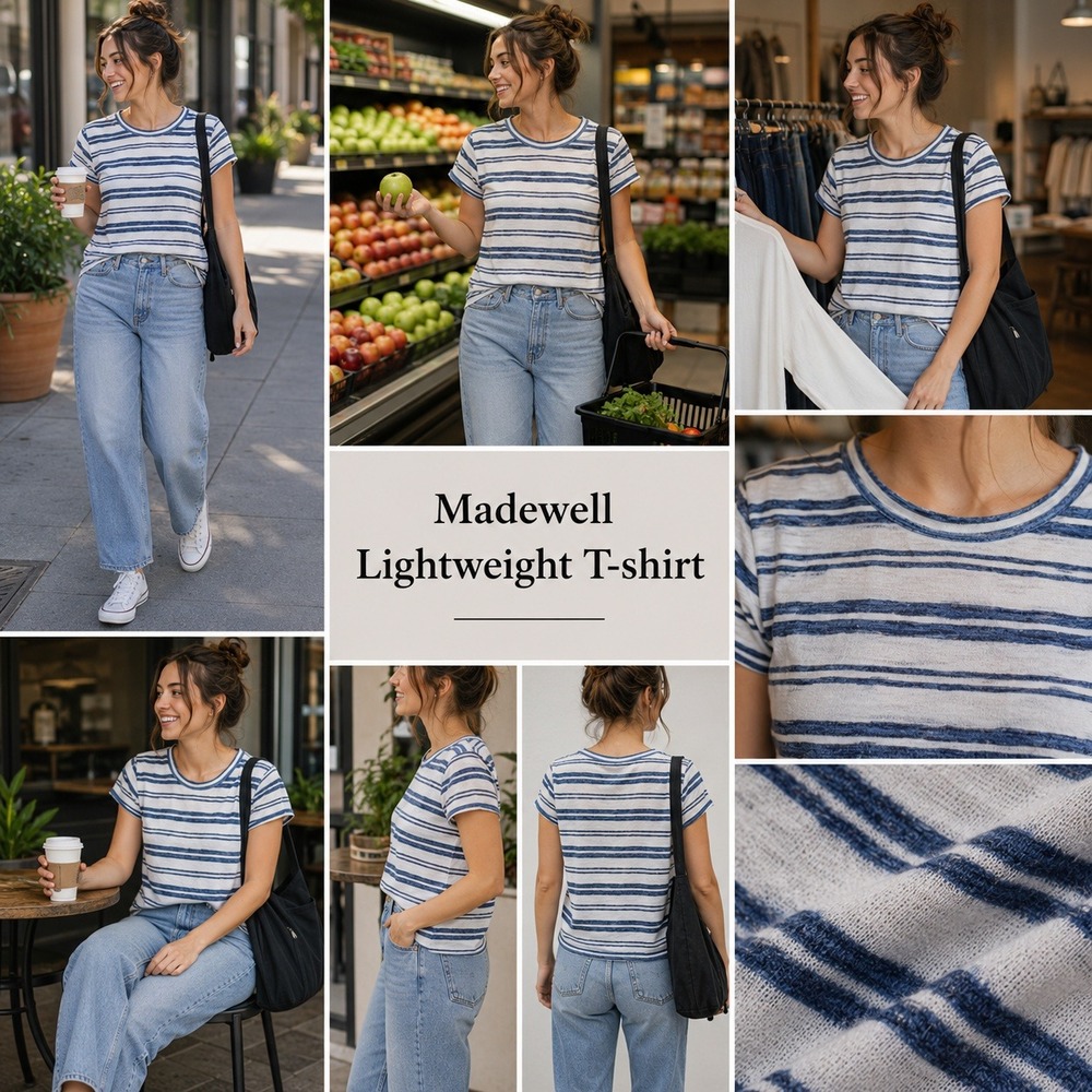Madewell‎ Womens Small Navy Blue White Striped Short Sleeve Crew Neck T-Shirt